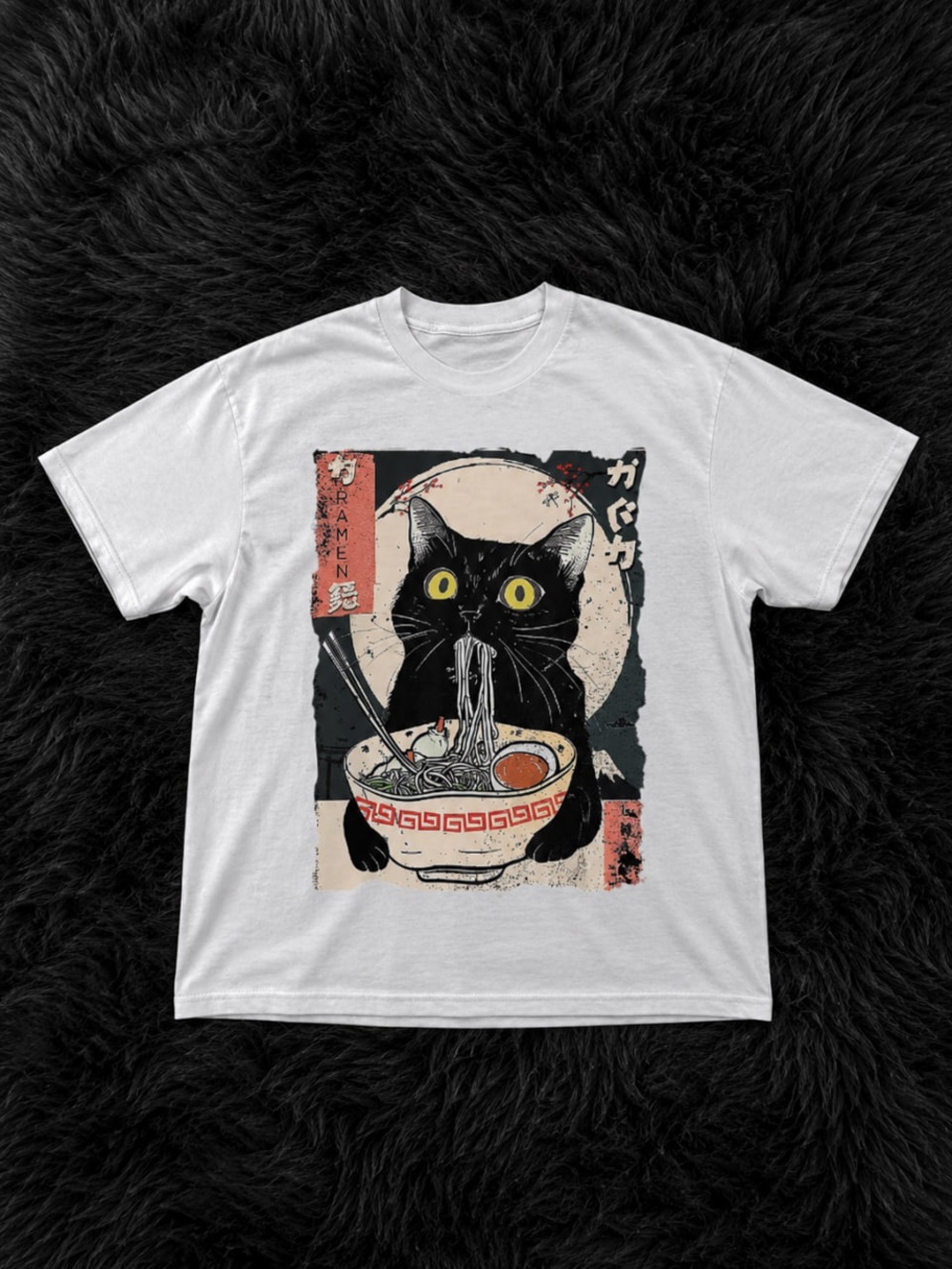Black Cat Ramen Graphic and Yellow Accents Gildan White Tee